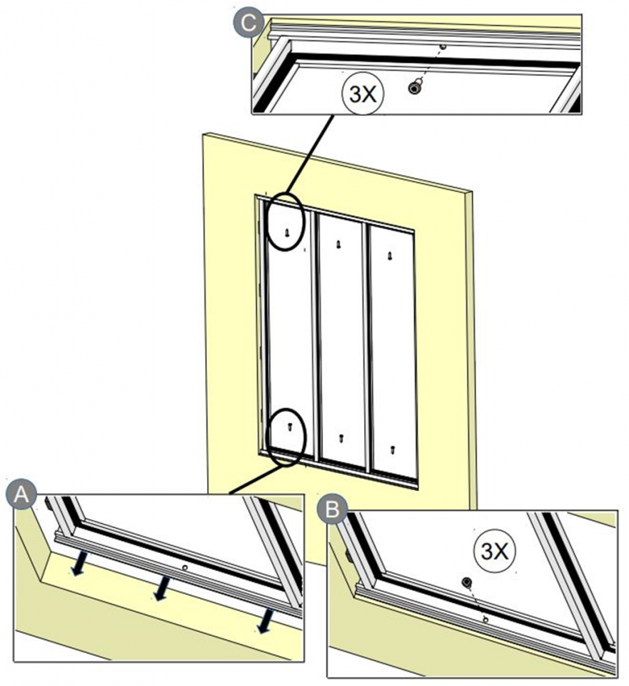 Attachment system for a 3-pane glass panel